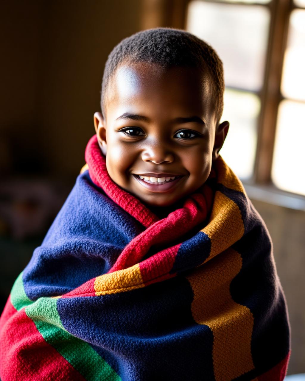 Child smiling, wrapped in a warm blanket